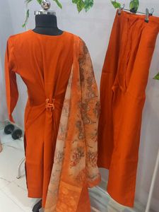 New Orange Golden detailing Kurta Set