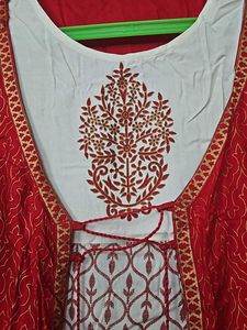 Red Gold Printed With False Jacket Style Kurti
