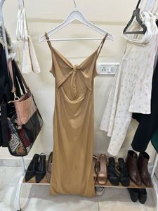 Tan Midi Dress with Tie Detail