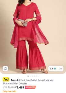 Anouk Ethnic Motifs Foil Print Kurta with Sharara