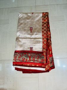 Regal Ivory &amp; Maroon Banarasi Silk Saree