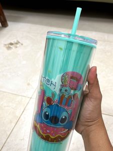 Stitch Double Glass Water Bottle with Straw