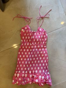 Pink Dotted Print Tie Midi Dress New