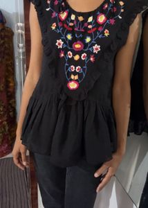 Black Embroidered Peplum Top