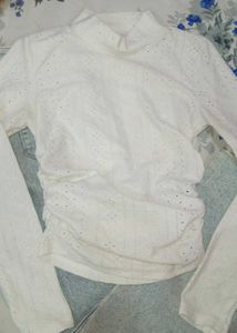 White Eyelet Mock Neck Top