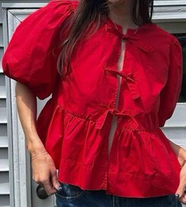 Red Peplum Tie-Front Top