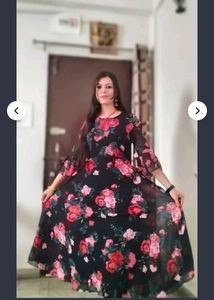 Black Colour Flower Print Gown For Women