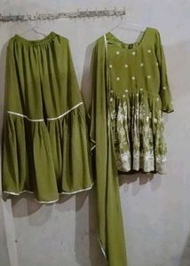 Olive Green Embroided Kurti With Garara &amp; Dupatta