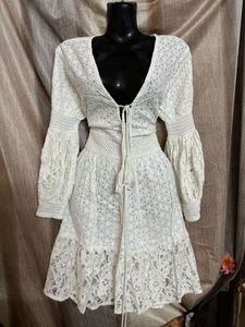 Boho Eyelet Lace Mini Dress with Crochet Waist