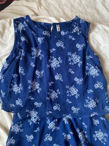 Navy Blue Flower Printed Mini Flare Dress