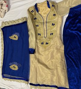 Elegant Beige &amp; Blue Embroidered Salwar Kameez