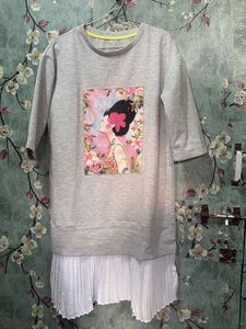 Korean Grey Graphic Print T-Shirt Dress