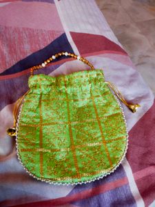 Green &amp; Gold Embroidered Potli Bag