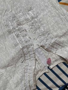 Women White Lace Embroidery Cotton Kurta