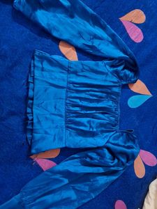 Blue Satin Ruched Crop Top