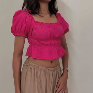 Pink Puff Sleeve Crop Top