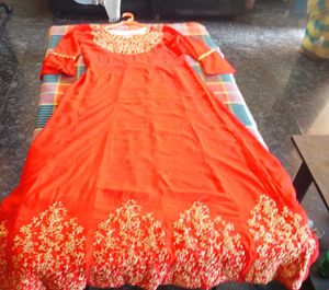Red &amp; Gold Embroidered Anarkali Dress