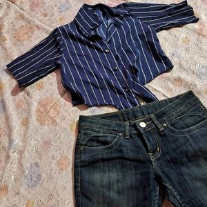 Navy Blue-white Strip Tie-up T-shirt