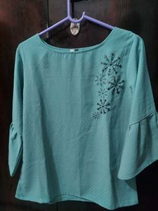 Teal Snowflake Embroidered Top