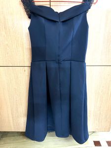 Navy Blue Elegant Midi Dress with Lace Cap Sleeves
