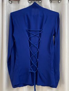 Royal blue fitted lace up corset shirt