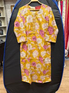 Floral Print Yellow Cotton Kurta