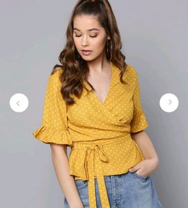 Harpa Yellow Wrap Top | Polka Dot Print | Size 38