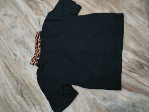 Black Button-Down Top w/ Leopard Collar