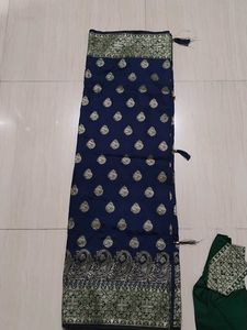 Elegant Navy Blue Saree With Bottle Green Blouse