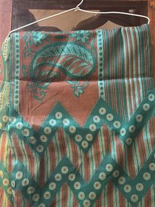 Green Net Saree With Silver And Red Border