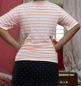 Whit And Neon Pink Stripes Casual Top With Cute Tie-up Laces. Cute Drop Shoulder Style