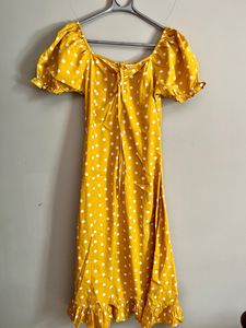 Yellow Polka Dot Puff Sleeve Midi Dress