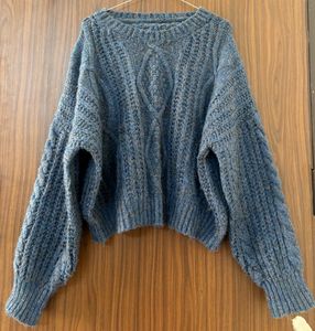 Blue Knit Cable Pullover Sweater