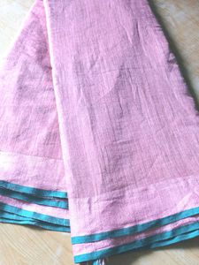 Pink Linen Saree with Blue Border