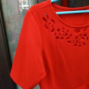 Red Peplum Top With Attractive Cutwork Detailing