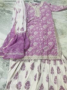 Pink Off white Kurta Three Pice Set With Sharara