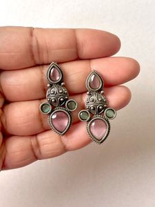 Silver Replica Earring Mint & Baby Pink Stone