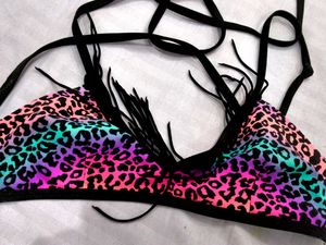 Multicolor Neon Leopard Print Bikini Top