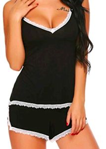 Black Lace Trim Pajama Set