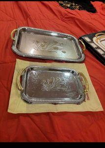 3 Steel Serving Tray With Golden Flower 🌼 Design