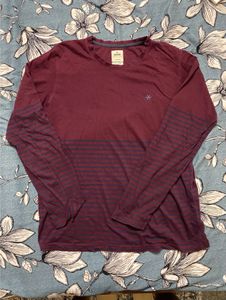 WROGN Men Maroon Navy Striped Slim Fit Round Neck
