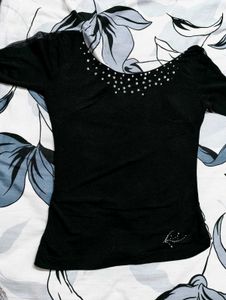 Women Black Sexy Deep V-neck Crystal Stone Top
