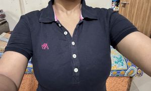 Navy Polo with Pink Accents
