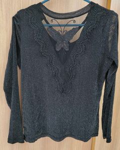 🦋Black Glitter Top Sheer Butterfly Lace Back