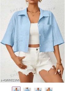 Blue High Neck Short Sleeve Shirt