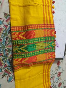 Linen Saree Yellow Red Green C
