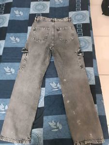 Denim Cargo Wide Leg Jeans In Charcoal Black