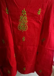 Red Embroidered Lucknowi Chikankari Kurti