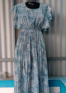 Aqua Print Flutter Sleeve Maxi Dress
