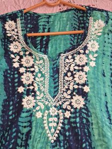 GREEN AND BLUE PRINTED CHIKANKARI TOP
